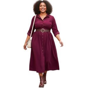 Woman Within Button Front Corduroy Midi Dress Size 16W Petite Purple Long Sleeve